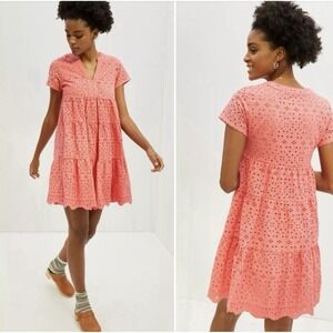 Maeve‎ Anthropologie Harper Eyelet Dress Tiered Coral Pink Babydoll Size Medium